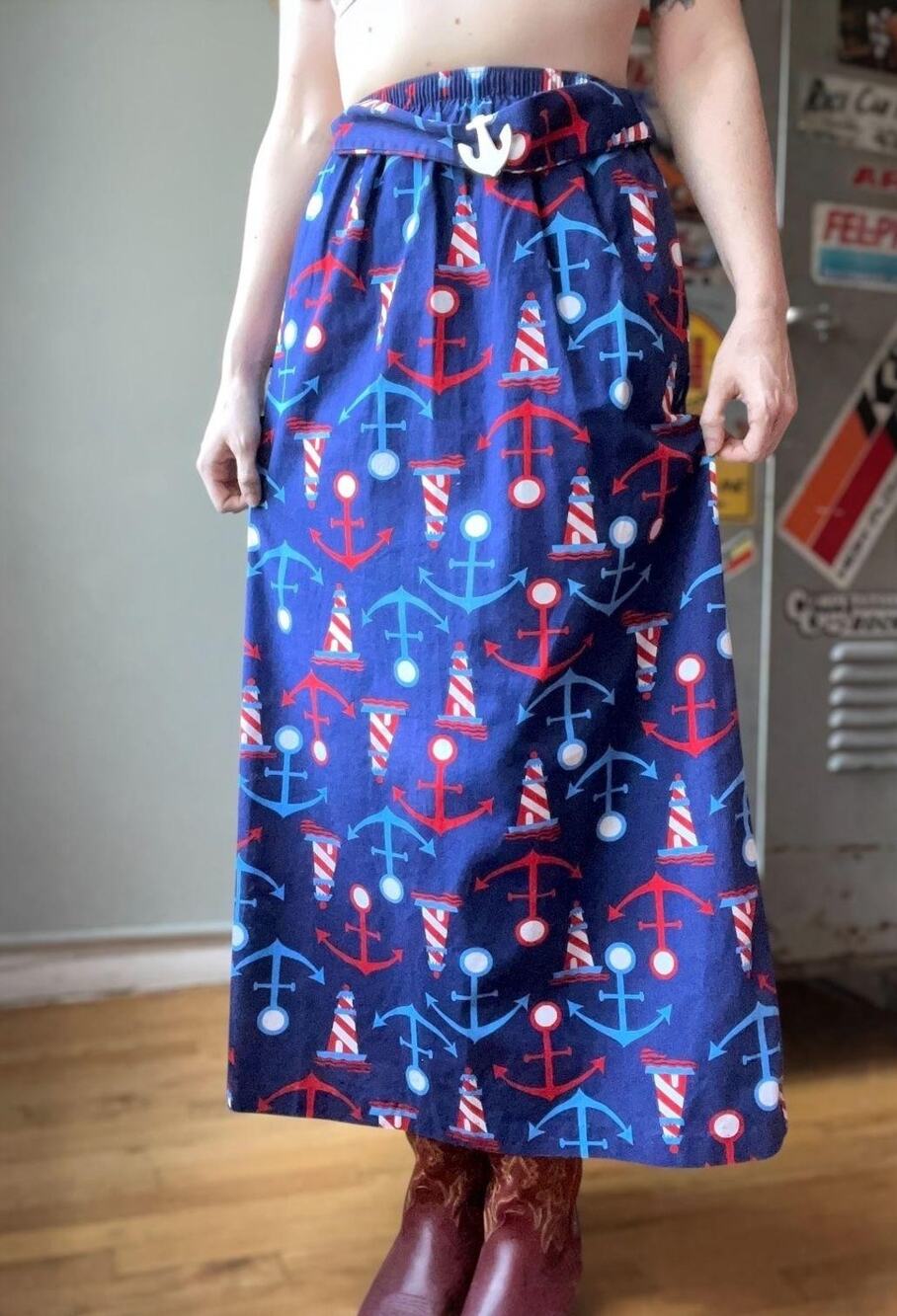 Vintage 60s Nautical Maxi Skirt | Anchor Lighthouse Print Cotton Skirt | XS/S